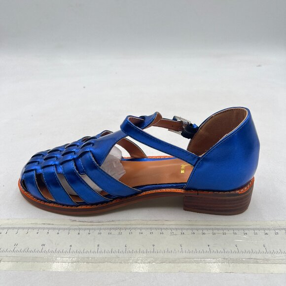 FSJ Blue Retro Closed Toe Sandals Low Block Heel Woven Roman Ankle Strap Sandals - Picture 2 of 8